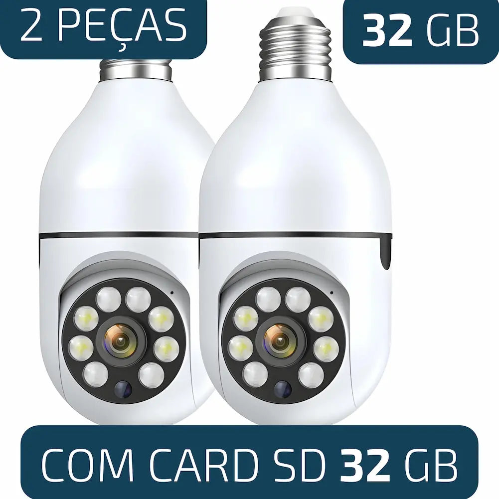 A imagem mostra duas câmeras de segurança em forma de lâmpada lado a lado. O texto destaca "2 Peças" e "32 GB", indicando que o pacote inclui duas câmeras e um cartão SD de 32 GB. As câmeras possuem várias luzes LED ao redor da lente, reforçando suas capacidades de visão noturna.